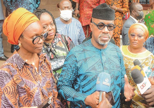 File photo. Wife of Ogun State Governor, Mrs. Bamidele Abiodun; her husband, Governor Dapo Abiodun and the State Commissioner for Women and Social Development, Mrs. Funmi Efiwape addressing journalists after some women were empowered under Oko'wo Dapo scheme at the Obas Complex, Oke Mosan