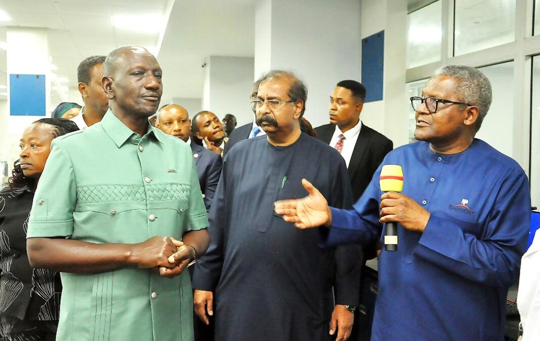 L-R, Kenya President, Dr. William Samoel Ruto; Group Vice President, Oil & Gas and Fertiliser, Dangote Industries Limited, Devakumar Edwin; President/CE, Dangote Industries Limited, Aliko Dangote; During the Kenya President's Visit to Dangote Petroleum Refinery, Petrochemicals and Fertiliser Plant Lekki, Lagos on Friday 25th September 2026.