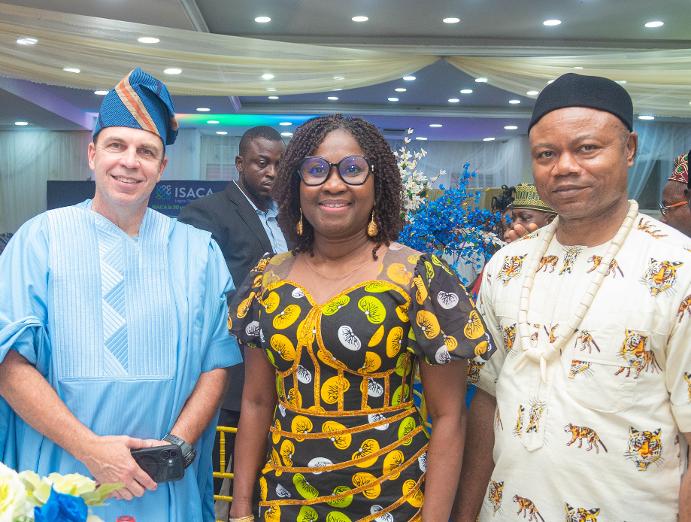 From left: The Global Chief Executive Officer of the Information Systems Audit and Control Association (ISACA), Erik Prusch; The Managing Director/CEO of First City Monument Bank (FCMB), Yemisi Edun and the President of ISACA Lagos Chapter/Chairman, ISACA Nigeria Chapters, Justus Osuji, during the Lagos Chapter’s 30th anniversary celebration and awards held in Lagos on August 21, 2026. FCMB received an excellence award at the ceremony.
