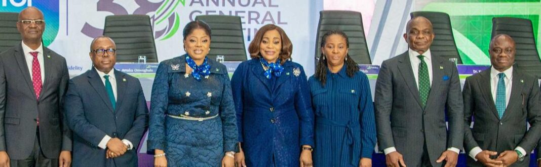 L – R: Kevin Ugwuoke, Executive Director, Risk Management; Stanley Amuchie, Executive Director/Chief Operations and Information Officer; Nneka Onyeali-Ikpe, Managing Director/Chief Executive Officer; Amaka Onwughalu, Chairman, Board of Directors; Ezinwa Unuigboje, Company Secretary; Henry Obih, Independent Non-Executive Director; and Ken Opara, Executive Director, Lagos and Southwest; (all of Fidelity Bank Plc) at the Bank’s 38th Annual General Meeting which held in Lagos and virtually recently
