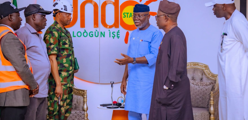 Governor Aiyedatiwa and others, when the Director of Search and Rescue, National Emergency Management Agency (NEMA), Air Commodore Bature, paid a briefing visit to the governor at the Government House in Akure